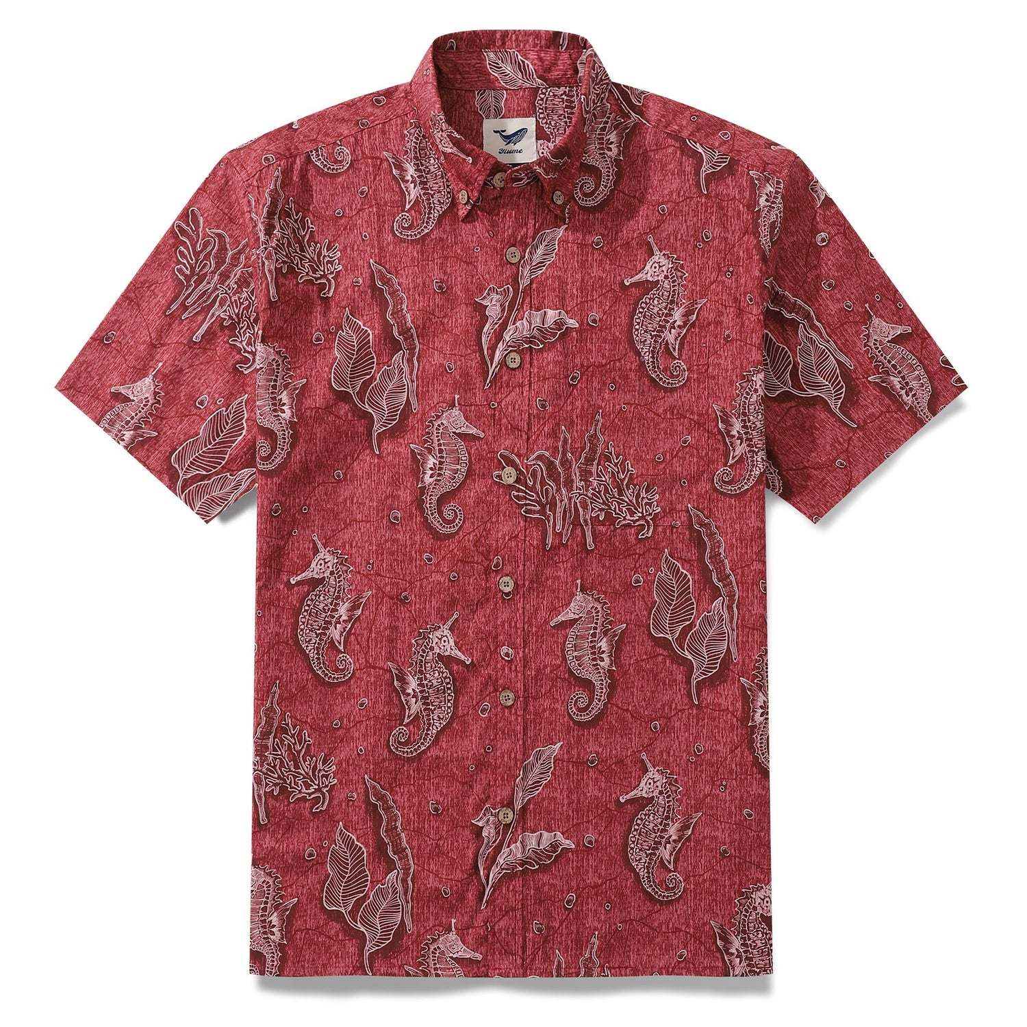 Red Hawaiian shirt for men by Outlets Yiume, short sleeve, button-down with seahorse pattern, 100% cotton, casual summer style.