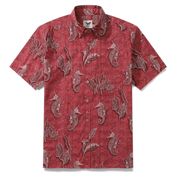 Red Hawaiian shirt for men by Outlets Yiume, short sleeve, button-down with seahorse pattern, 100% cotton, casual summer style.