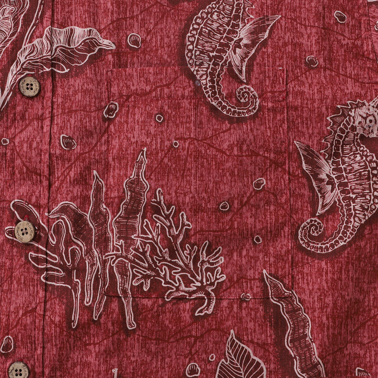 Red Hawaiian shirt for men by Yiume featuring seahorse pattern, short sleeve, button-down, 100% cotton, casual summer style.
