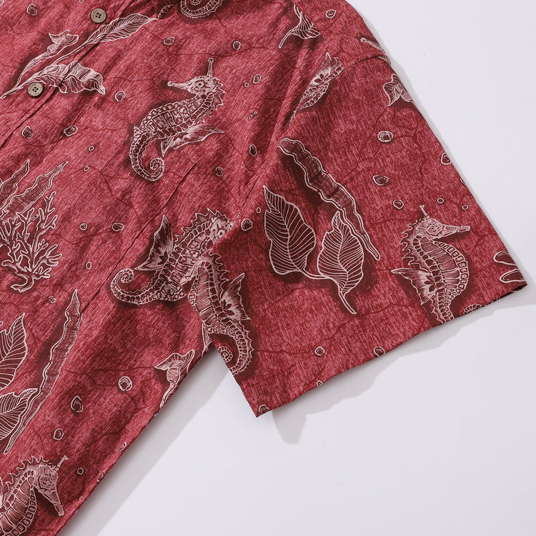 Red Hawaiian shirt for men by Outlets Yiume featuring seahorse print, short sleeve, button-down, 100% cotton, casual summer style.