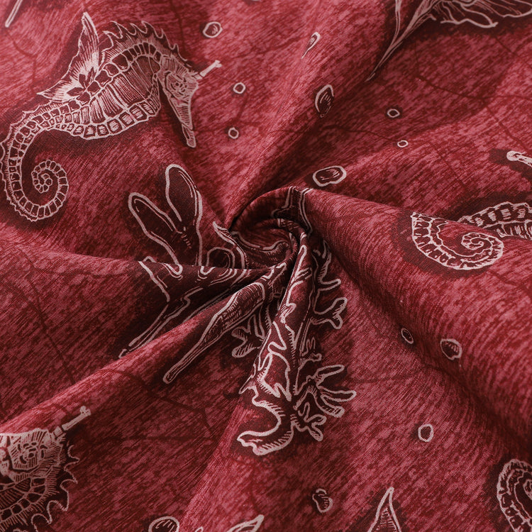 Red Hawaiian shirt for men by Outlets Yiume, short sleeve, button-down, 100% cotton with seahorse pattern.