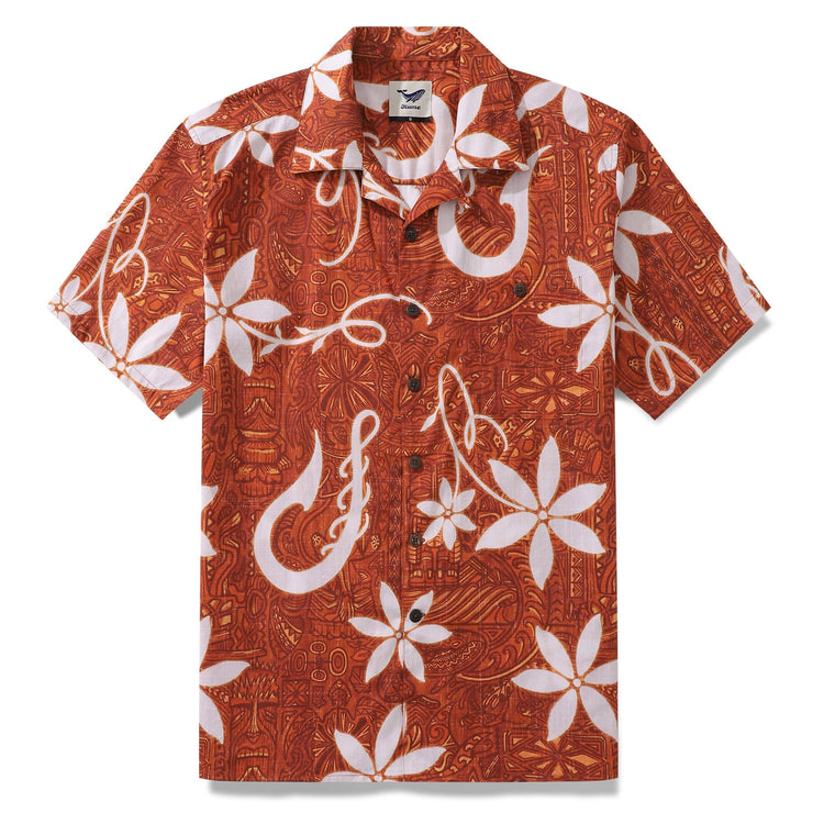Red Hawaiian shirt for men by Outlets Yiume, short sleeve Tiki Hawaii shirt with camp collar made of 100% cotton.