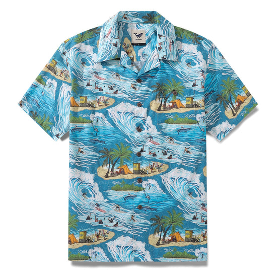 Vintage Hawaiian shirt for men by Outlets Yiume featuring ocean-themed print, short sleeves, 100% cotton fabric, casual summer style.