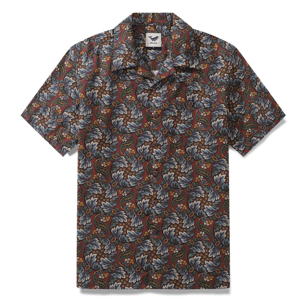Vintage Hawaiian men's short sleeve shirt by Outlets Yiume, vibrant Cycle Morris design with camp collar, 100% cotton fabric.