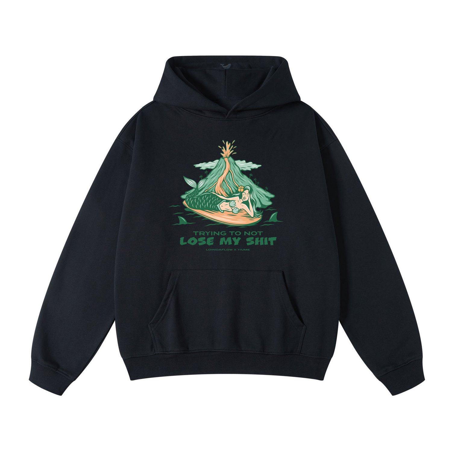 Black Hawaiian hoodie for men with Hang Loose by Loindaflow print, casual sweatshirt from Outlets Yiume, featuring tropical design.
