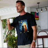 Black Hawaiian T-shirt for men with cats in love Van Gogh design, crew neck, 100% cotton by Outlets Yiume.