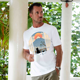 White Hawaiian T-shirt for men featuring Coffee Cat and Mt. Fuji print, made of 100% cotton, crew neck style by Outlets Yiume.