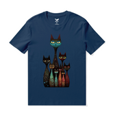 Navy blue Hawaiian T-shirt for men by Outlets Yiume featuring a happy cats graphic, crew neck, 100% cotton, casual tee shirt