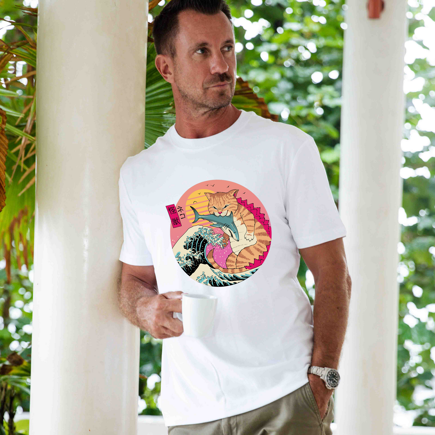 White Hawaiian Tee for Men by Outlets Yiume, Super CatZilla design, crew neck 100% cotton tee shirt.
