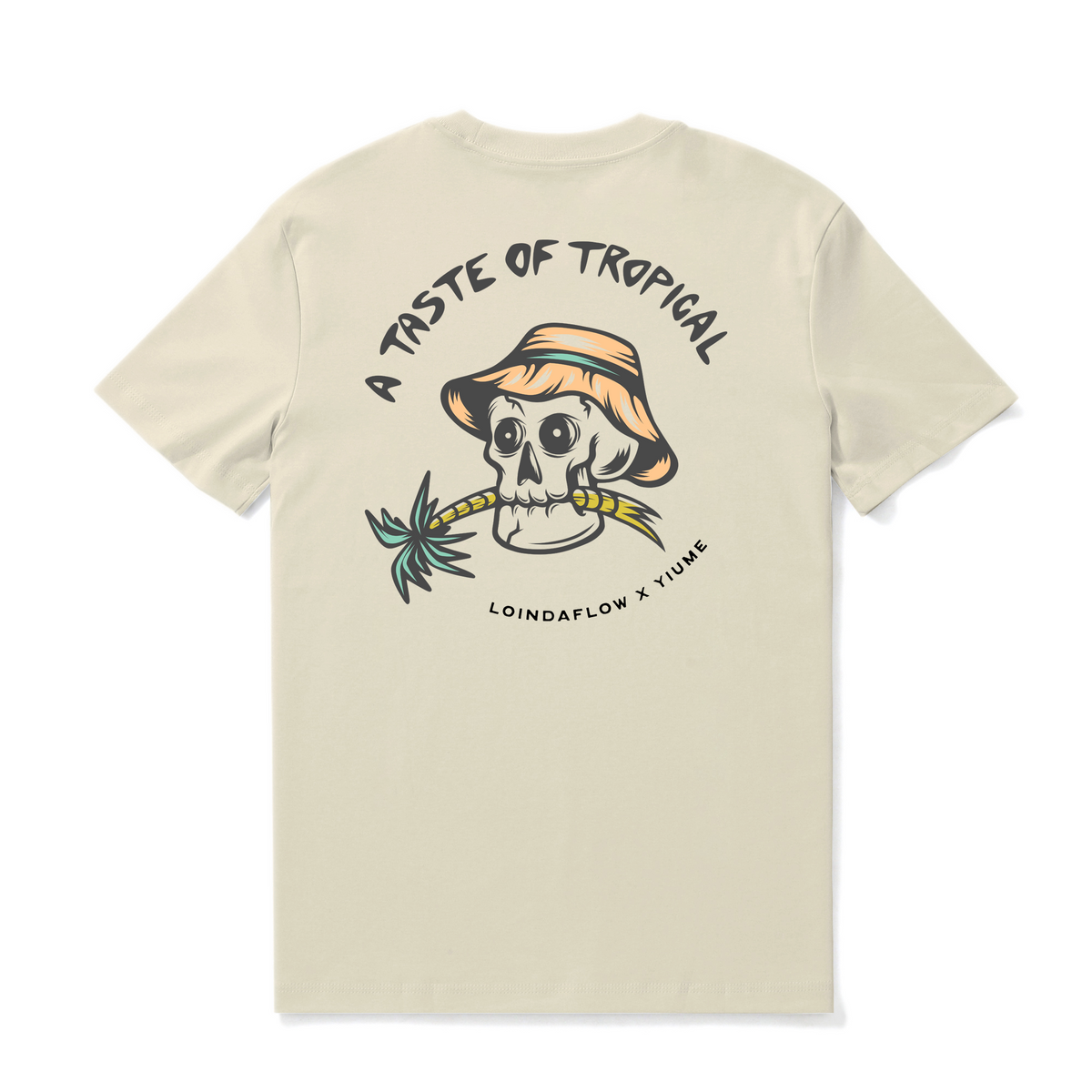 Beige Hawaiian T-shirt for men by Loindaflow, featuring tropical print, crew neck, 100% cotton from Outlets Yiume.