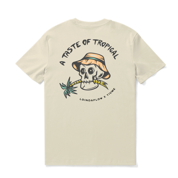 Beige Hawaiian T-shirt for men by Loindaflow, featuring tropical print, crew neck, 100% cotton from Outlets Yiume.