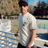 Beige Hawaiian T-shirt for men by Loindaflow, 100% cotton crew neck tee with tropical print from Outlets Yiume.