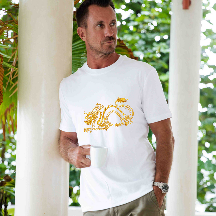 White Hawaiian T-shirt for men featuring a Year of the Dragon design, crew neck, 100% cotton from Outlets Yiume.