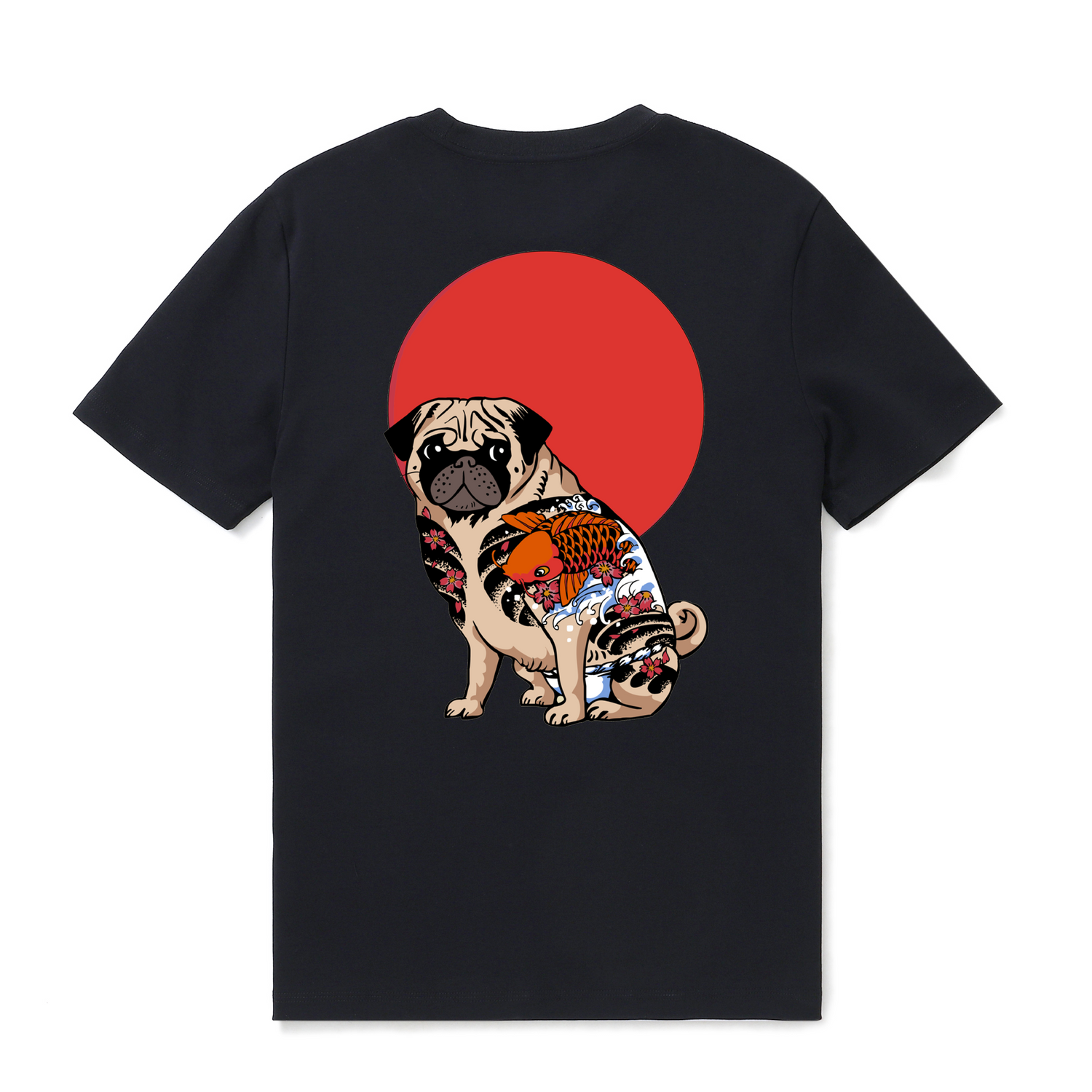 Black Hawaiian T-shirt for men with Yakuza Pug graphic, crew neck, made from 100% cotton, by Outlets Yiume.