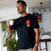 Black Hawaiian T-shirt for men by Outlets Yiume featuring a Yakuza pug graphic, 100% cotton crew neck tee shirt.