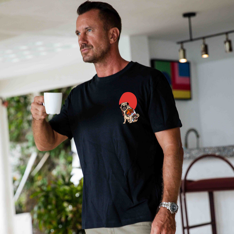 Black Hawaiian T-shirt for men by Outlets Yiume featuring a Yakuza pug graphic, 100% cotton crew neck tee shirt.