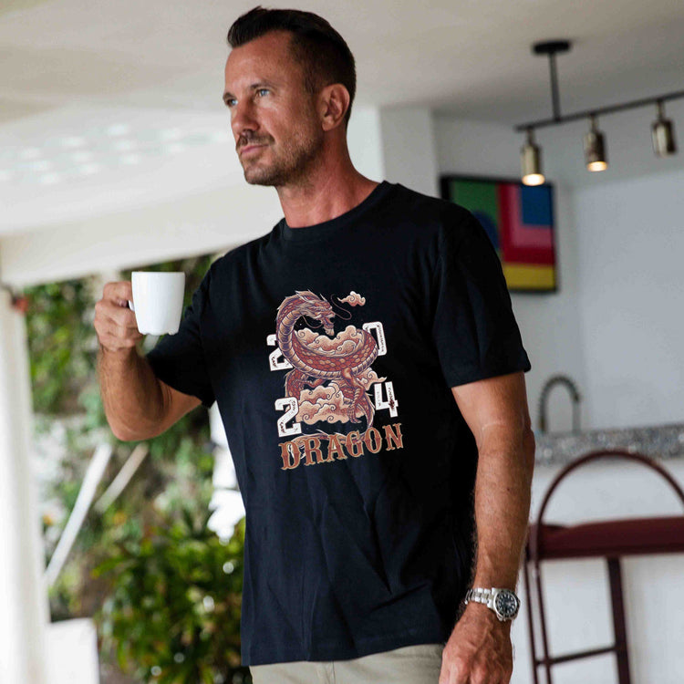 Black Hawaiian T-shirt for men featuring Year of the Dragon design, crew neck, 100% cotton from Outlets Yiume.