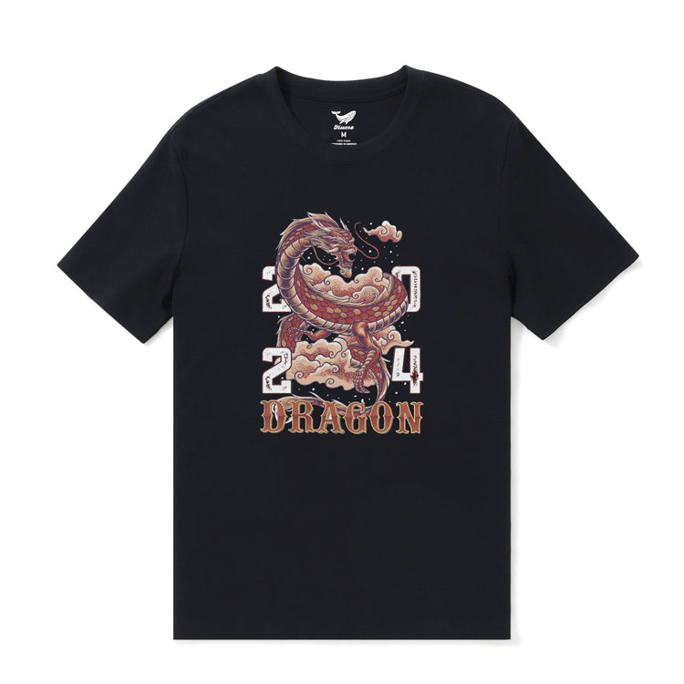 Black Hawaiian T-shirt for men with Year of the Dragon 2024 design, crew neck, made of 100% cotton by Outlets Yiume.