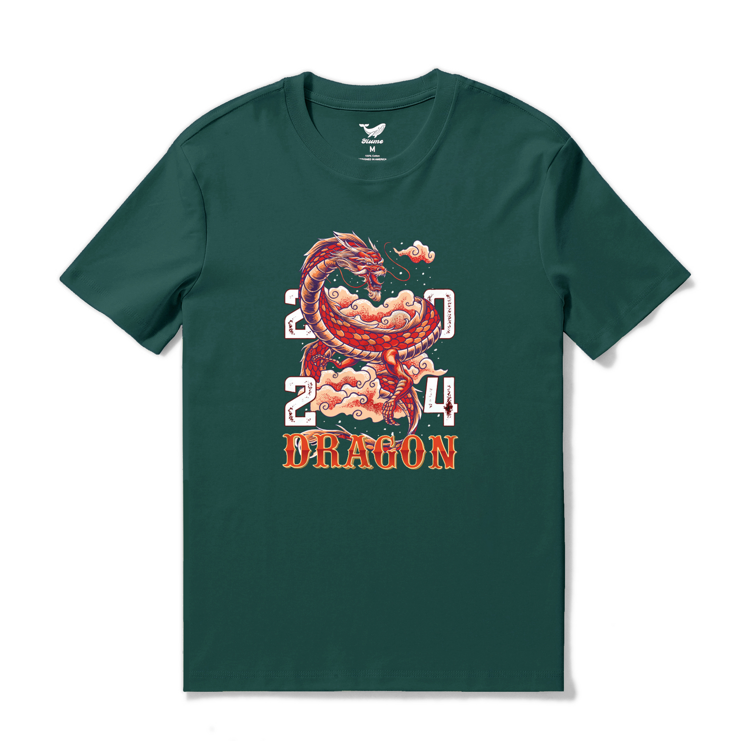 Dark green Hawaiian T-shirt for men, Year of the Dragon 2024 design, crew neck, 100% cotton by Outlets Yiume.