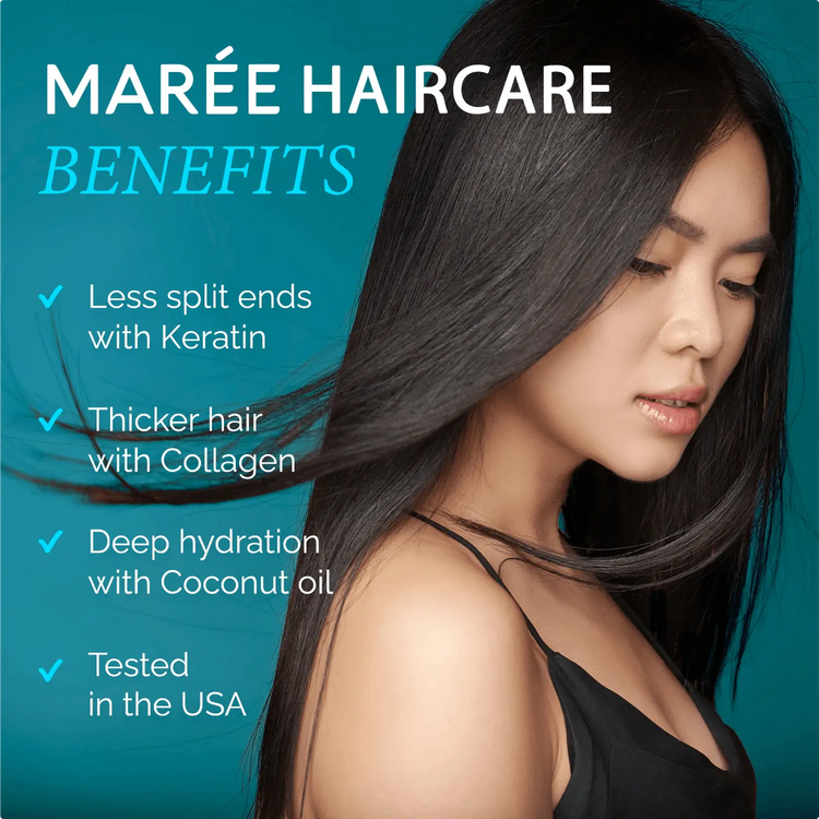 Maree Keratin Hair Treatment bottle with applicator brush, designed to smooth and strengthen hair.