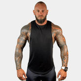 Black Drop Arm Tank Top by Physique Bodyware featuring a relaxed fit and sleeveless design for activewear and gym workouts.
