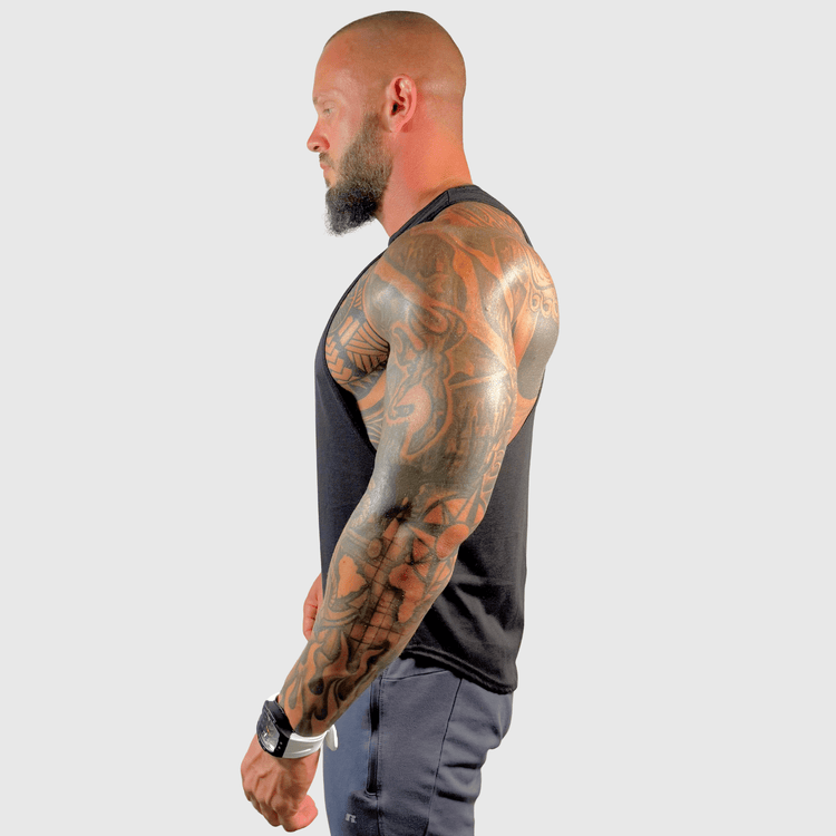 Black Physique Bodyware Drop Arm Tank Top with wide armholes, designed for athletic and casual wear.