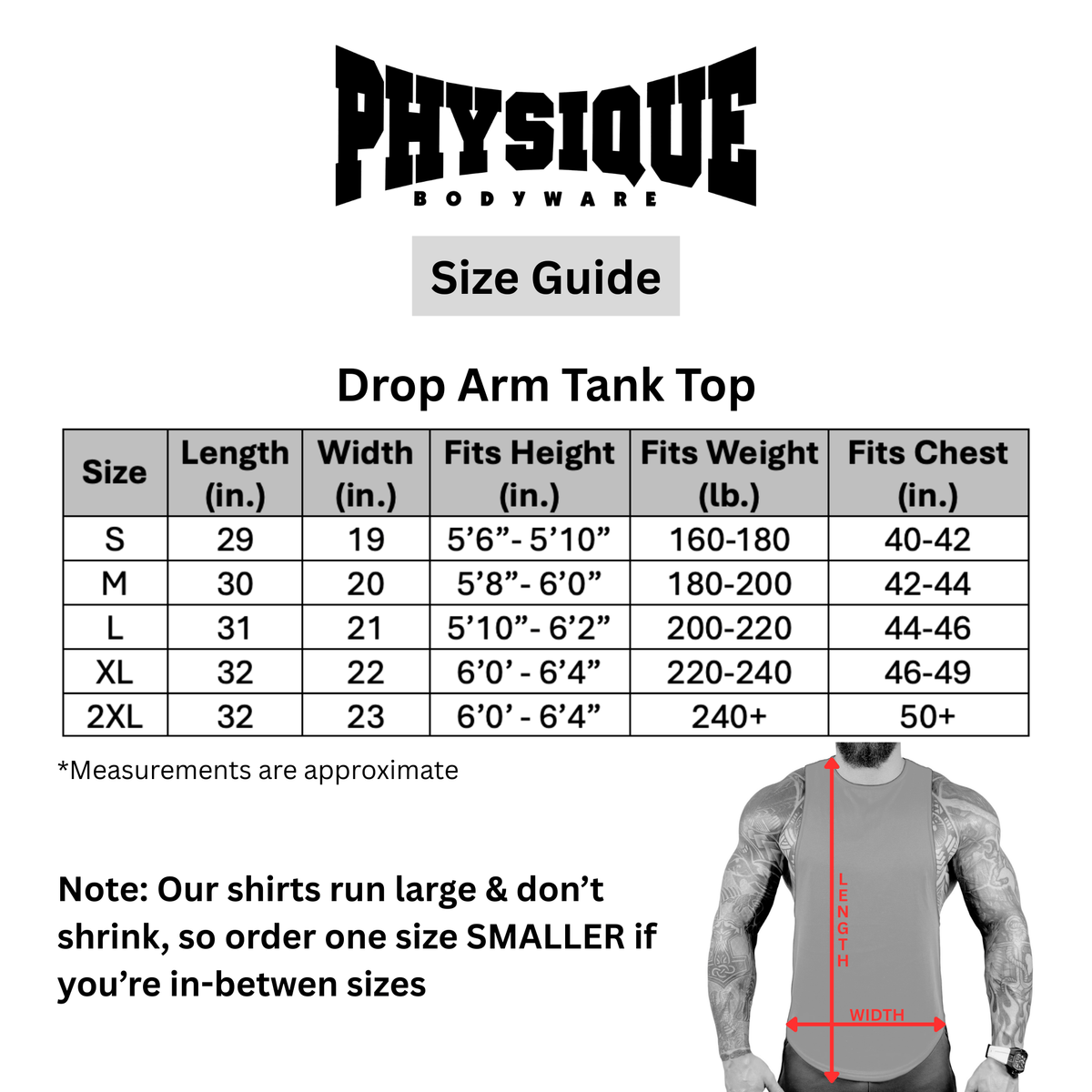 Black Physique Bodyware Drop Arm Tank Top with wide armholes, designed for active wear and athletic style.
