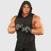 Black sleeveless hoodie by Physique Bodyware with a front pocket and athletic fit, perfect for gym workouts.