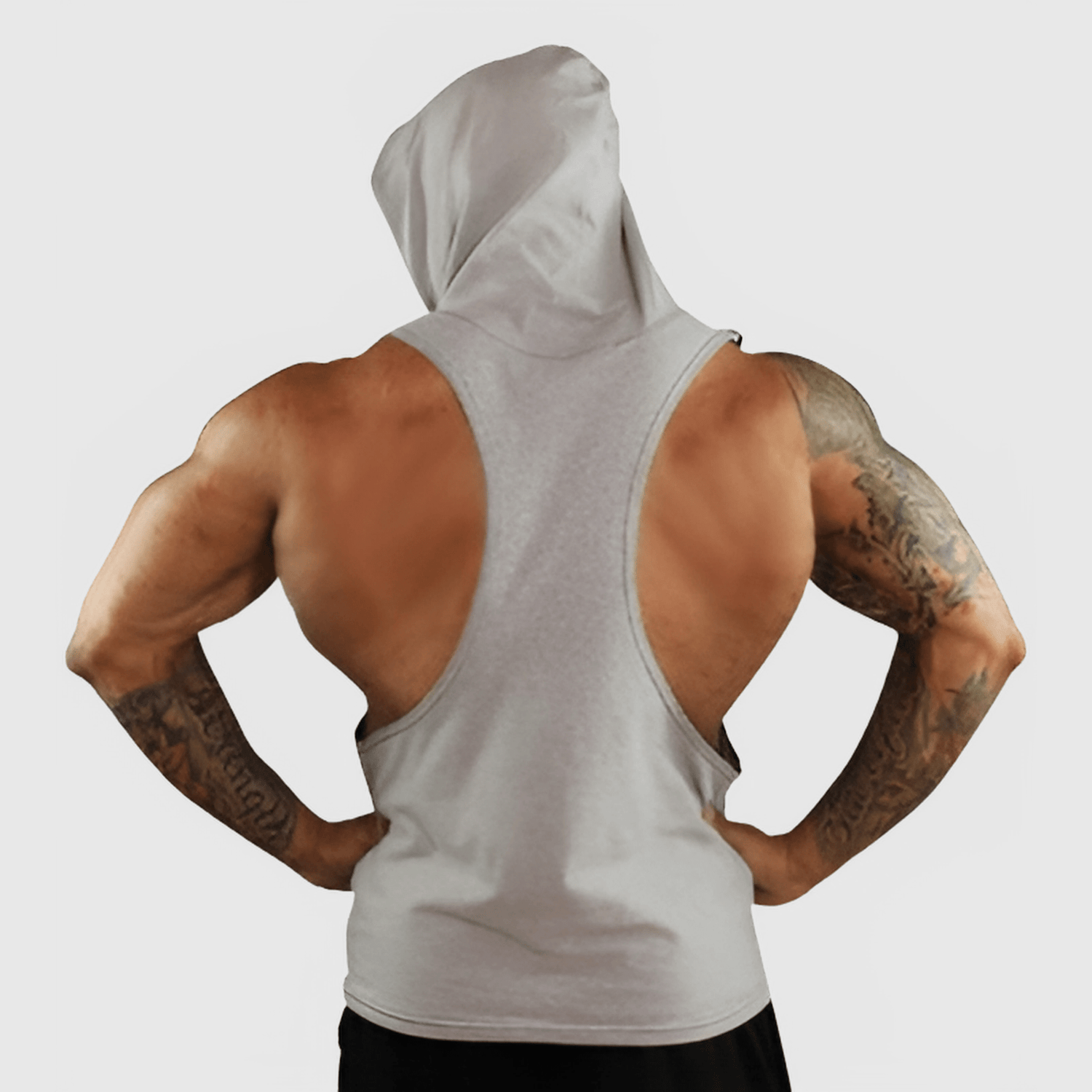 Black sleeveless hoodie by Physique Bodyware with a barbell graphic, casual athletic style, and sleeveless design for active wear.