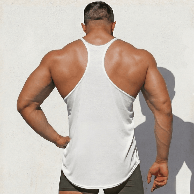 Black Physique Bodyware stringer tank top on a mannequin, showcasing the sleeveless athletic design and fitted style.