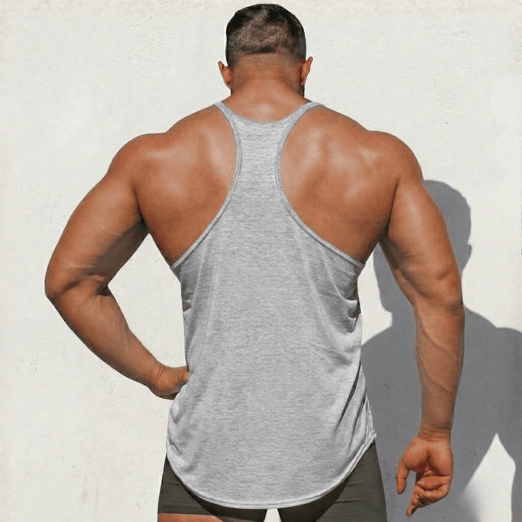 Black Physique Bodyware stringer tank top on a mannequin, showcasing athletic fit and sleeveless design.