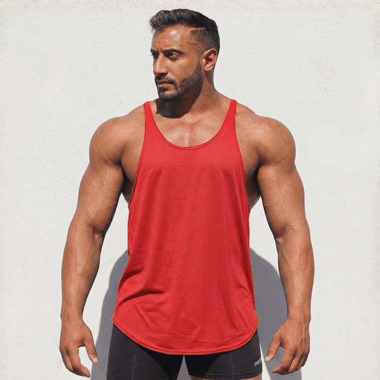 Black Physique Bodyware stringer tank top with slim fit design, ideal for gym workouts and athletic training.