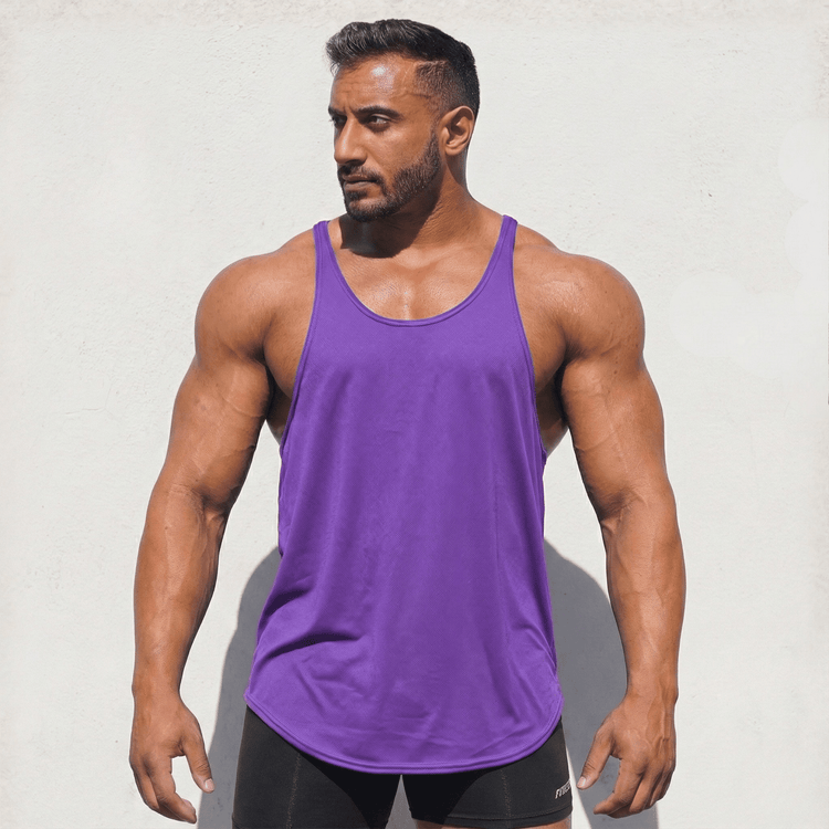 Black Physique Bodyware stringer tank top displayed on a mannequin, highlighting its form-fitting design and athletic style.