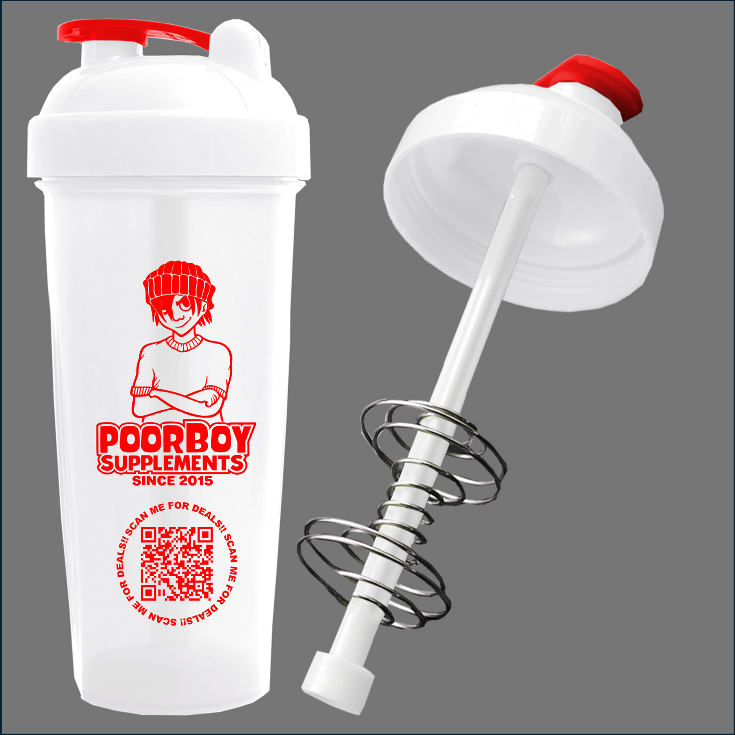 20 oz PoorBoy Shaker cup for protein shakes and supplements, featuring a durable plastic design with a secure lid and mixing ball.