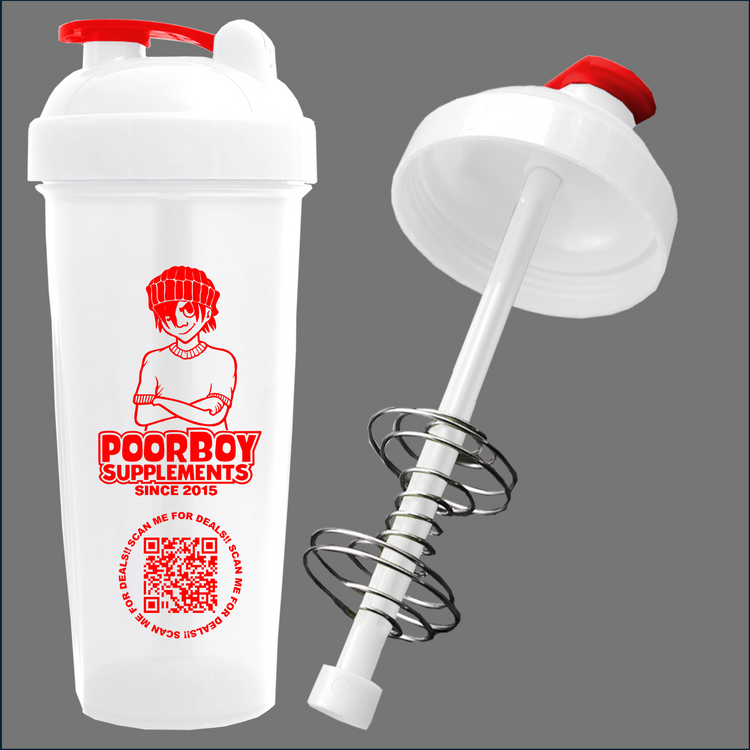 20 oz PoorBoy Shaker cup for protein shakes and supplements, featuring a durable plastic design with a secure lid and mixing ball.