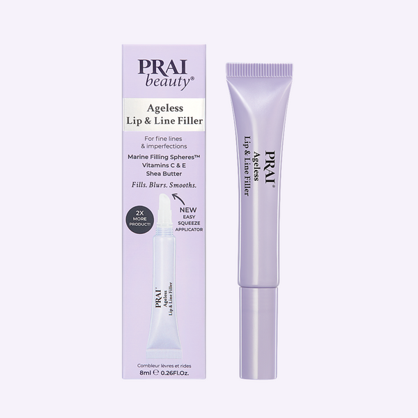 PRAI Beauty Ageless Lip & Line Filler in 8ml tube, hydrating formula for smoothing lips and fine lines.