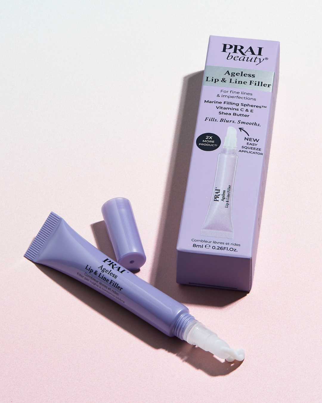PRAI Beauty Ageless Lip & Line Filler tube showing the 8ml product for reducing lips and fine lines.