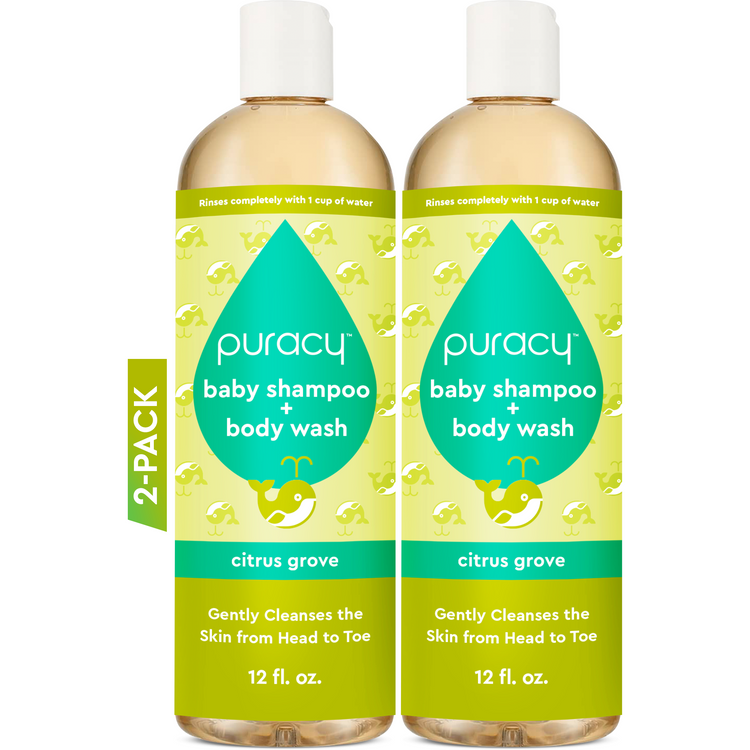 Puracy Baby Shampoo and Body Wash in Citrus Grove scent, tear-free formula, standard pack of 2 bottles, gentle for delicate skin.