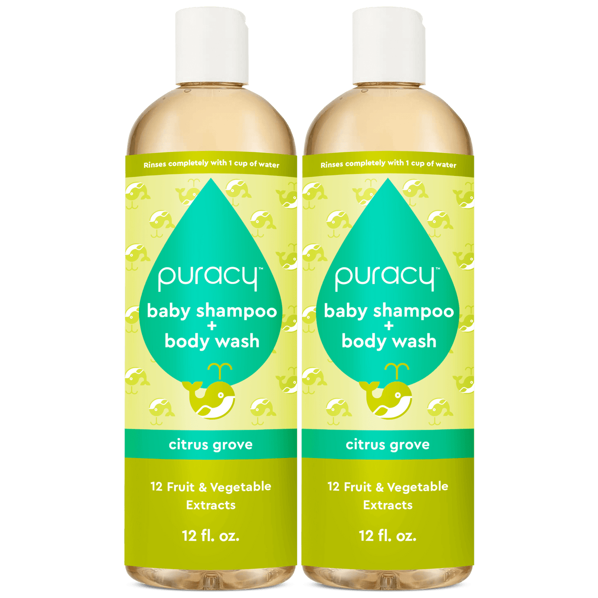 Puracy Baby Shampoo & Body Wash in Citrus Grove, tear-free formula, shown in a standard pack of two bottles.