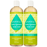 Puracy Baby Shampoo & Body Wash in Citrus Grove, tear-free formula, shown in a standard pack of two bottles.