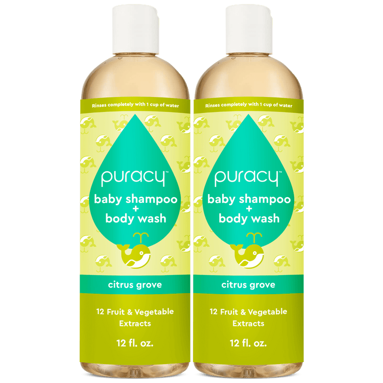 Puracy Baby Shampoo & Body Wash in Citrus Grove, tear-free formula, shown in a standard pack of two bottles.
