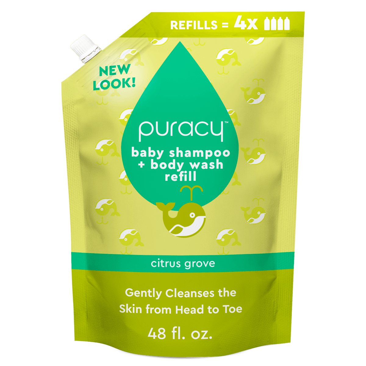Puracy baby shampoo and body wash in citrus grove scent, tear-free formula, shown in a standard pack of 2 bottles.