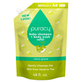 Puracy baby shampoo and body wash in citrus grove scent, tear-free formula, shown in a standard pack of 2 bottles.