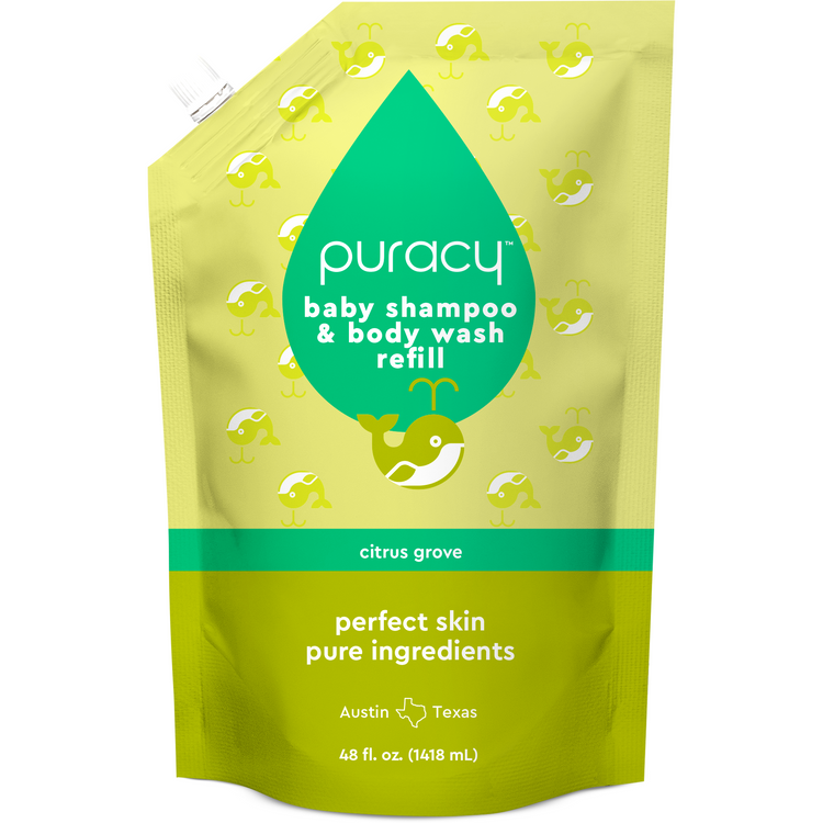 Puracy Baby Shampoo & Body Wash in Citrus Grove scent, tear-free formula, shown in a standard pack of 2 bottles for gentle baby cleansing.