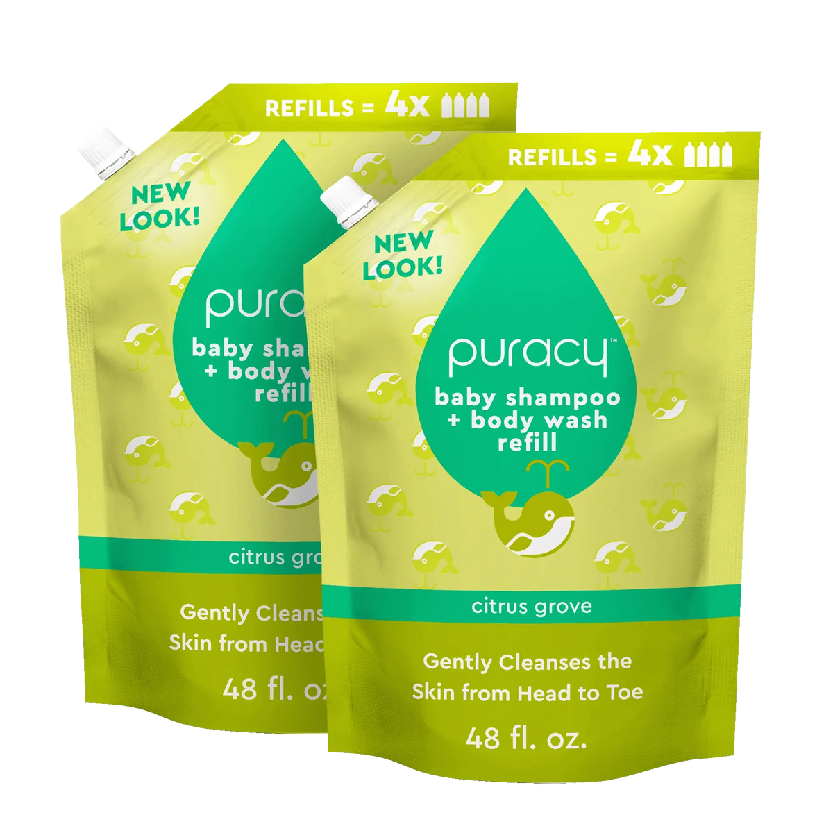 Puracy Baby Shampoo and Body Wash in Citrus Grove scent, tear-free formula, shown in a standard pack of two bottles.