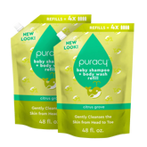 Puracy Baby Shampoo and Body Wash in Citrus Grove scent, tear-free formula, shown in a standard pack of two bottles.