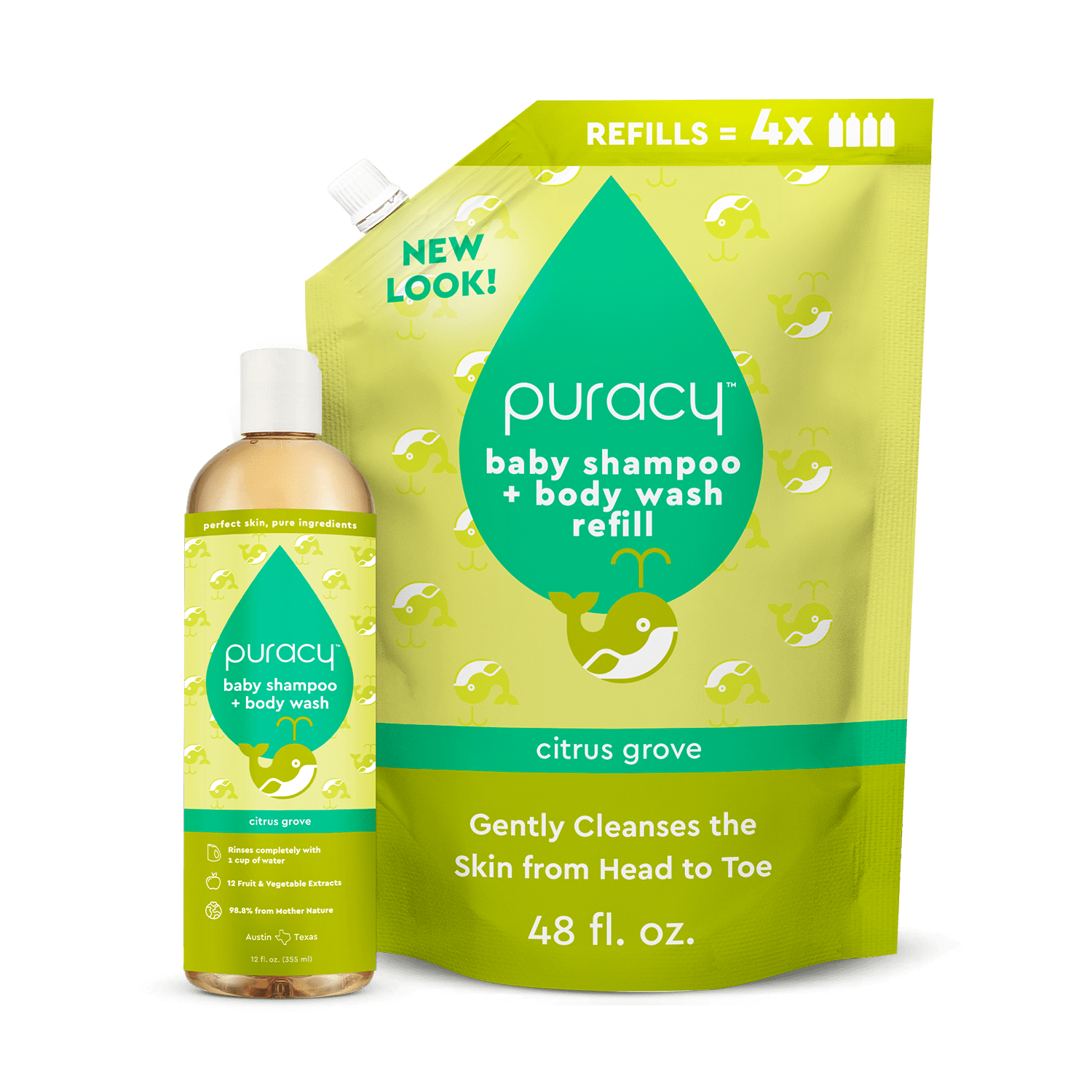 Puracy Baby Shampoo & Body Wash in Citrus Grove scent, tear-free formula, shown in a standard pack of two bottles for gentle cleansing.