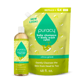 Puracy Baby Shampoo & Body Wash in Citrus Grove scent, tear-free formula, shown in a standard pack of two bottles for gentle cleansing.