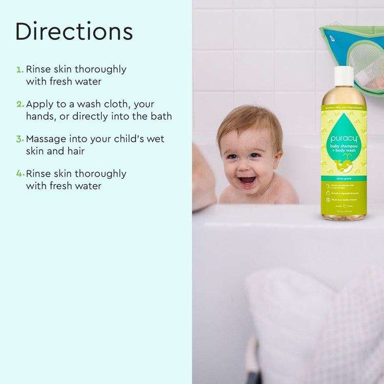 Puracy Baby Shampoo & Body Wash in Citrus Grove, tear-free formula, shown in a standard pack of 2 bottles with gentle, natural ingredients.
