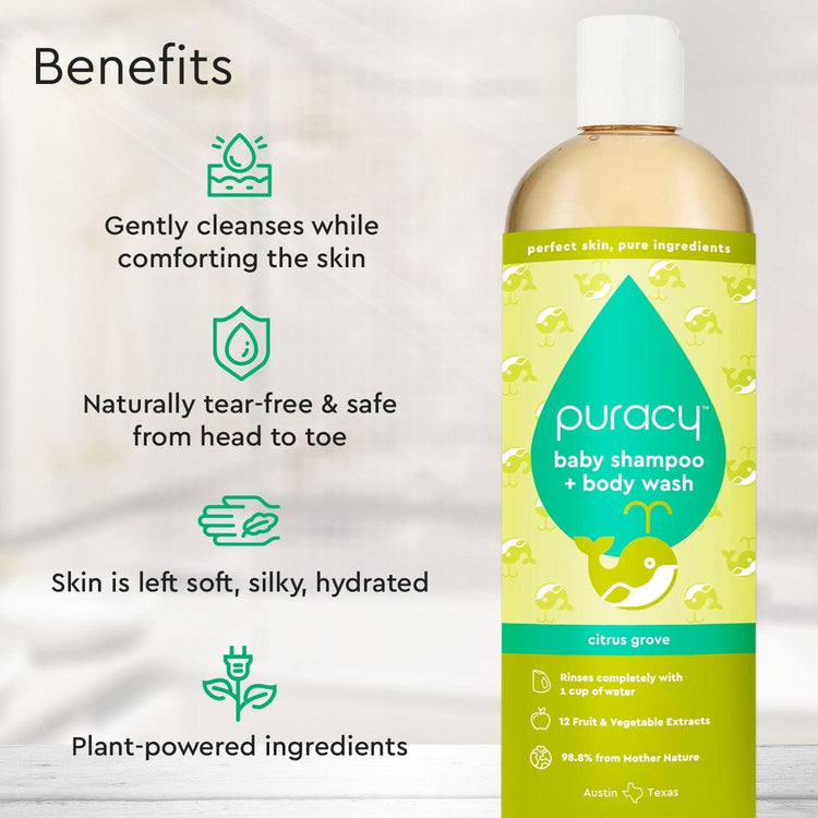 Puracy Baby Shampoo & Body Wash in Citrus Grove scent, tear-free formula, standard pack of two bottles for gentle cleansing.
